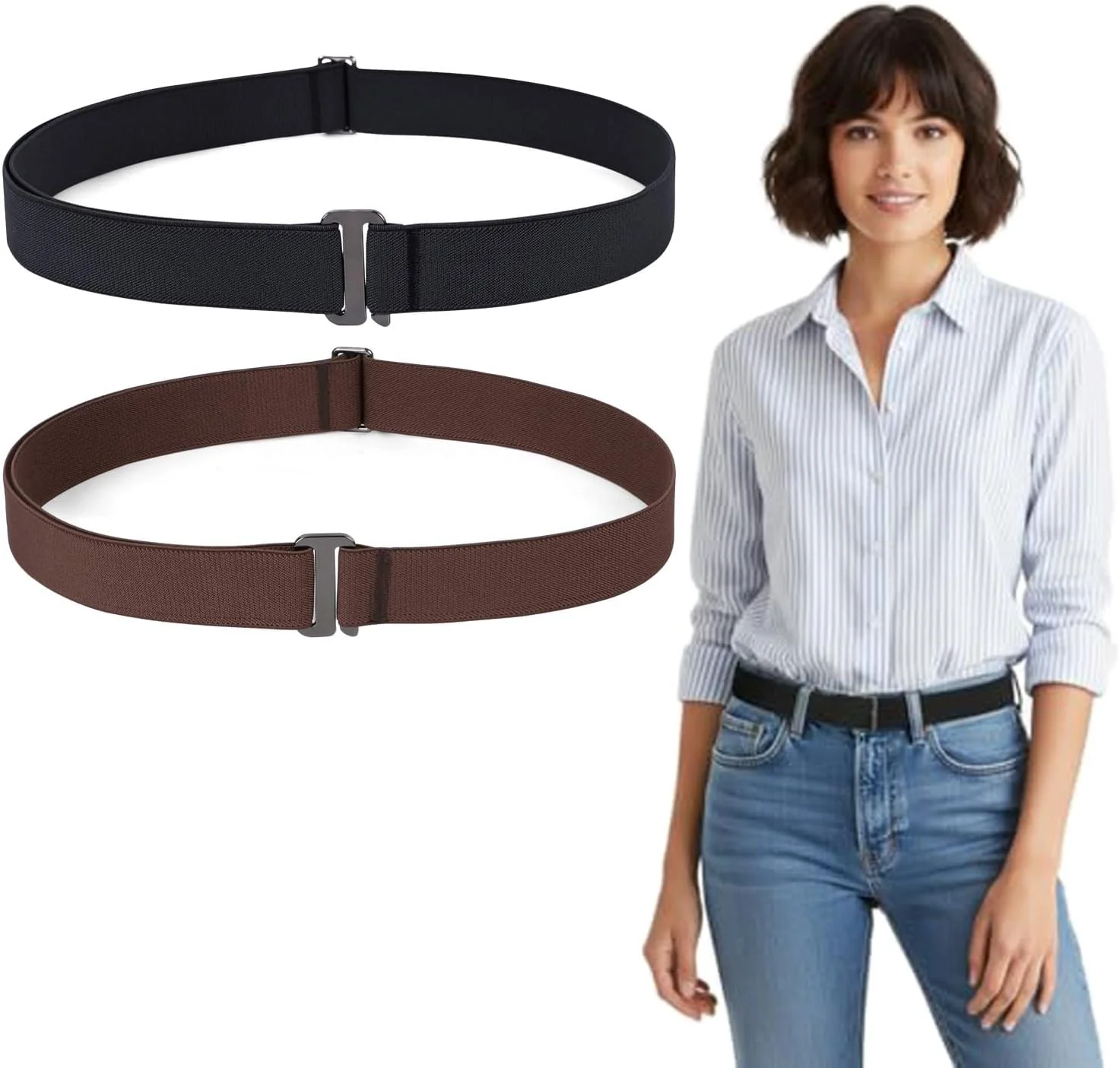 کمربند کشی زنانه بدون نمایش با سگک تخت برای شلوار جین و پیراهن (مشکی، قهوه ای) - بسته 2 عددی
