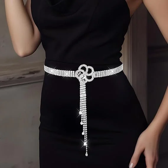 کمربند زنانه نگین دار درخشان - کمربند زنجیری کریستالی قابل تنظیم با سگک گل، کمربند نقره ای براق برای لباس، مهمانی و لباس شب