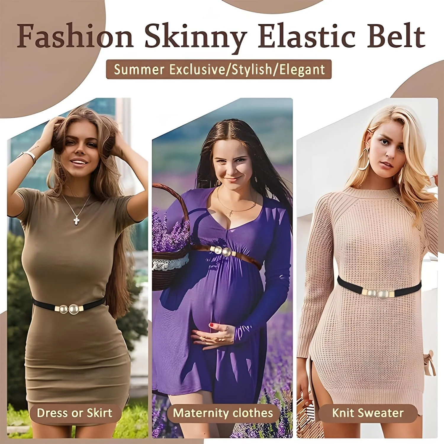 کمربند باریک کشی زنانه X spring، کمربند باریک زنانه با سگک مرواریدی خلاقانه، 2 عدد کمربند مرواریدی کشی شیک، کمربند باریک برای لباس، مناسب برای لباس، تی شرت، ژاکت و کت