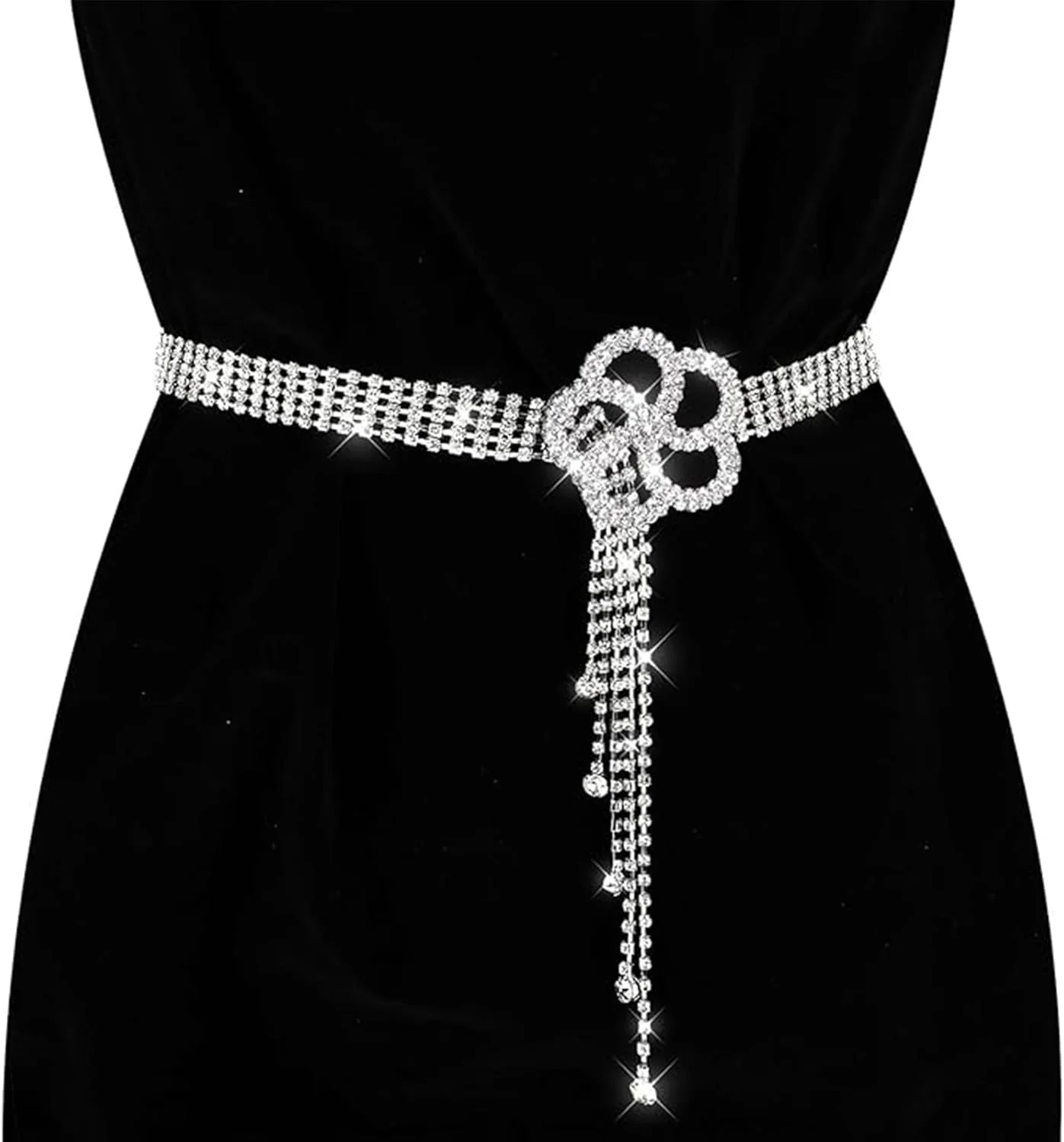 کمربند زنانه نگین دار، کمربند زنجیری کریستالی نقره ای قابل تنظیم با سگک گل، کمربند الماس برای لباس های مجلسی زنانه هدیه عروسی (120 سانتی متر)