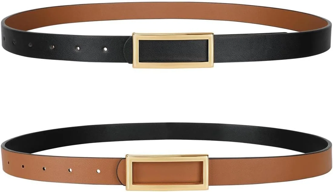 کمربند باریک دو طرفه زنانه، کمربند باریک قابل تنظیم دو در یک برای شلوار، لباس و شلوار جین، سگک فلزی طلایی یکپارچهسازی با سیستمعامل، کمربند چرمی زنانه
