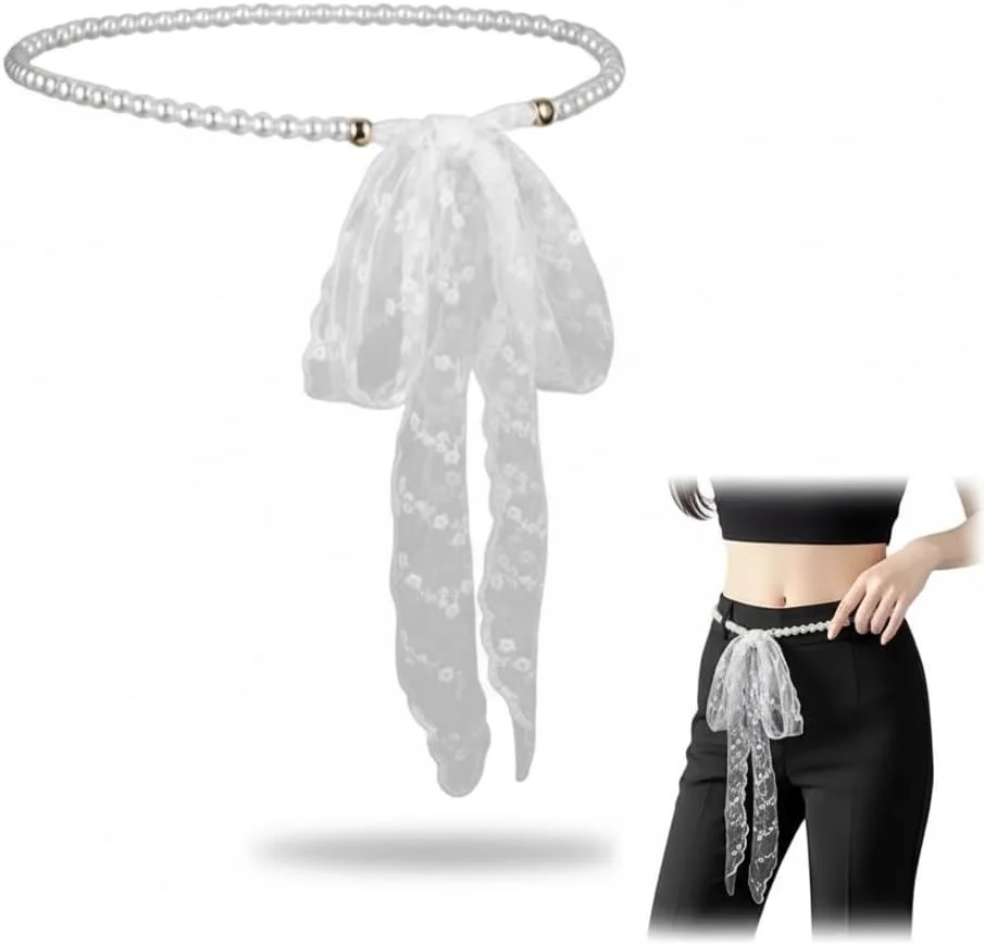 کمربند زنجیره ای مرواریدی و روسری توری زنانه - کمربند کمری مرواریدی و روسری توری | اکسسوری 4 در 1 شیک برای بدن، هدبند، روسری گردن و کیف