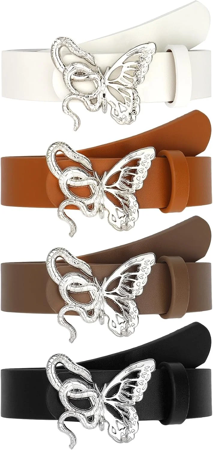 ست کمربند چرمی زنانه برای شلوار جین، کمربند مجلسی زنانه با سگک نقره ای، کمربند چرم مصنوعی زنانه برای شلوار جین، کمربند باریک مجلسی زنانه، بسته 4 عددی