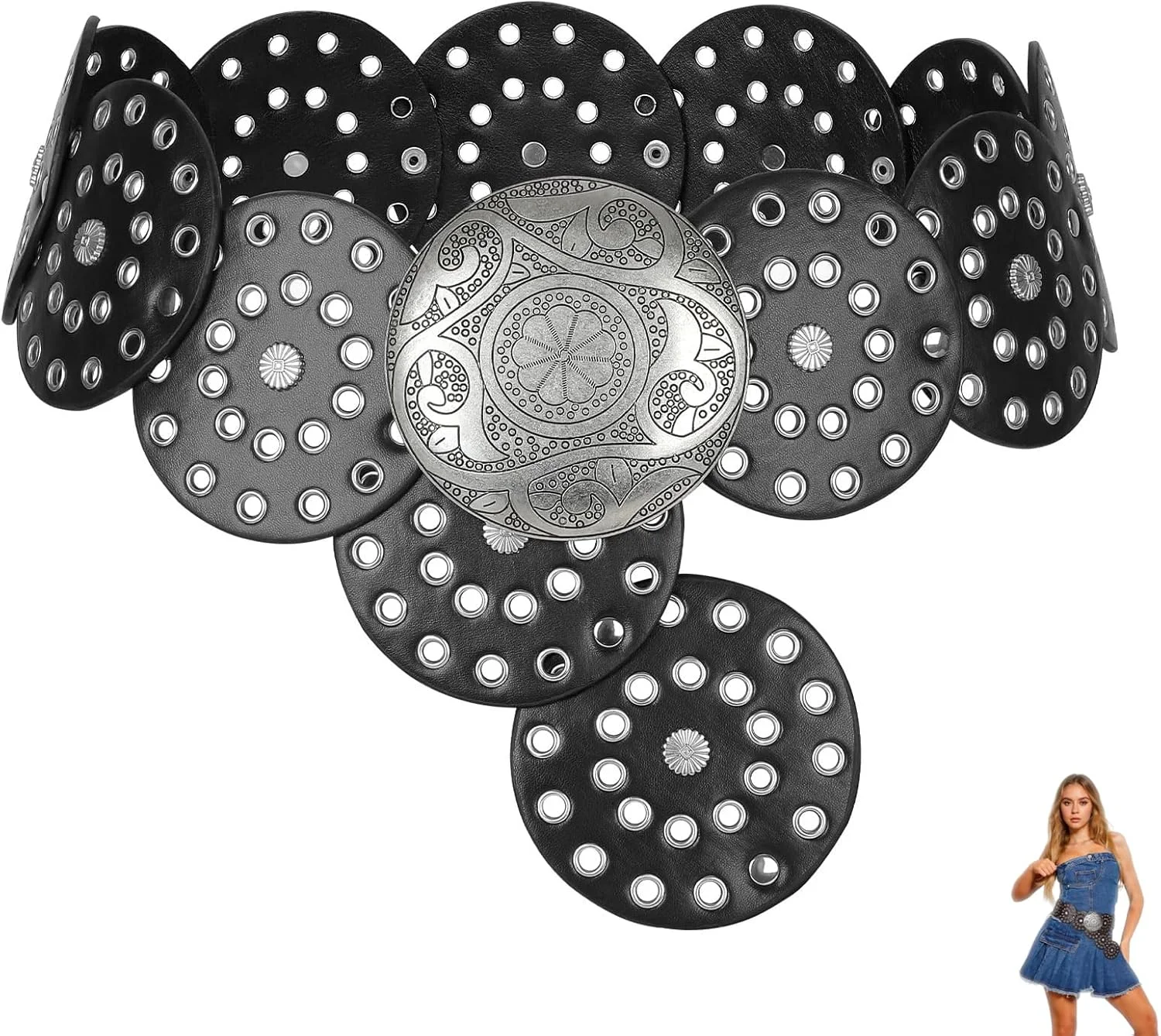 کمربند چرمی زنانه به سبک بوهو و وسترن، با صدف و جزئیات پرچ برای پیراهن و شلوار جین، کمربند فشن وینتیج (سایز دور کمر 104 سانتی متر)