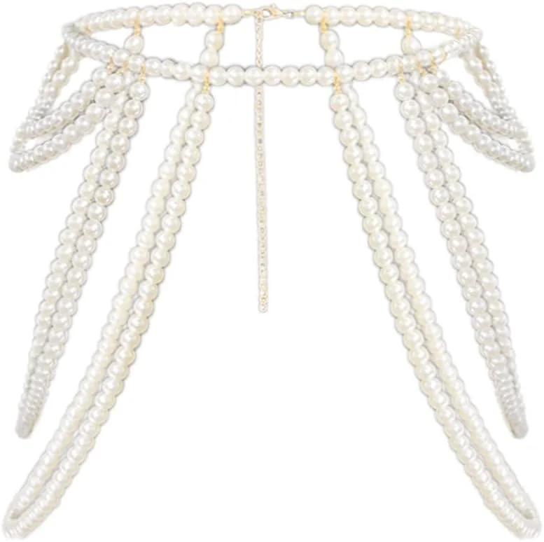 زنجیر کمری مرواریدی لایه ای سفید، زنجیر بدن، مناسب لباس و شکم، جواهرات بدنه قابل تنظیم برای زنان، کمربندهای چند لایه نگین دار، کمری پانک و ضخیم برای لباس های زنانه