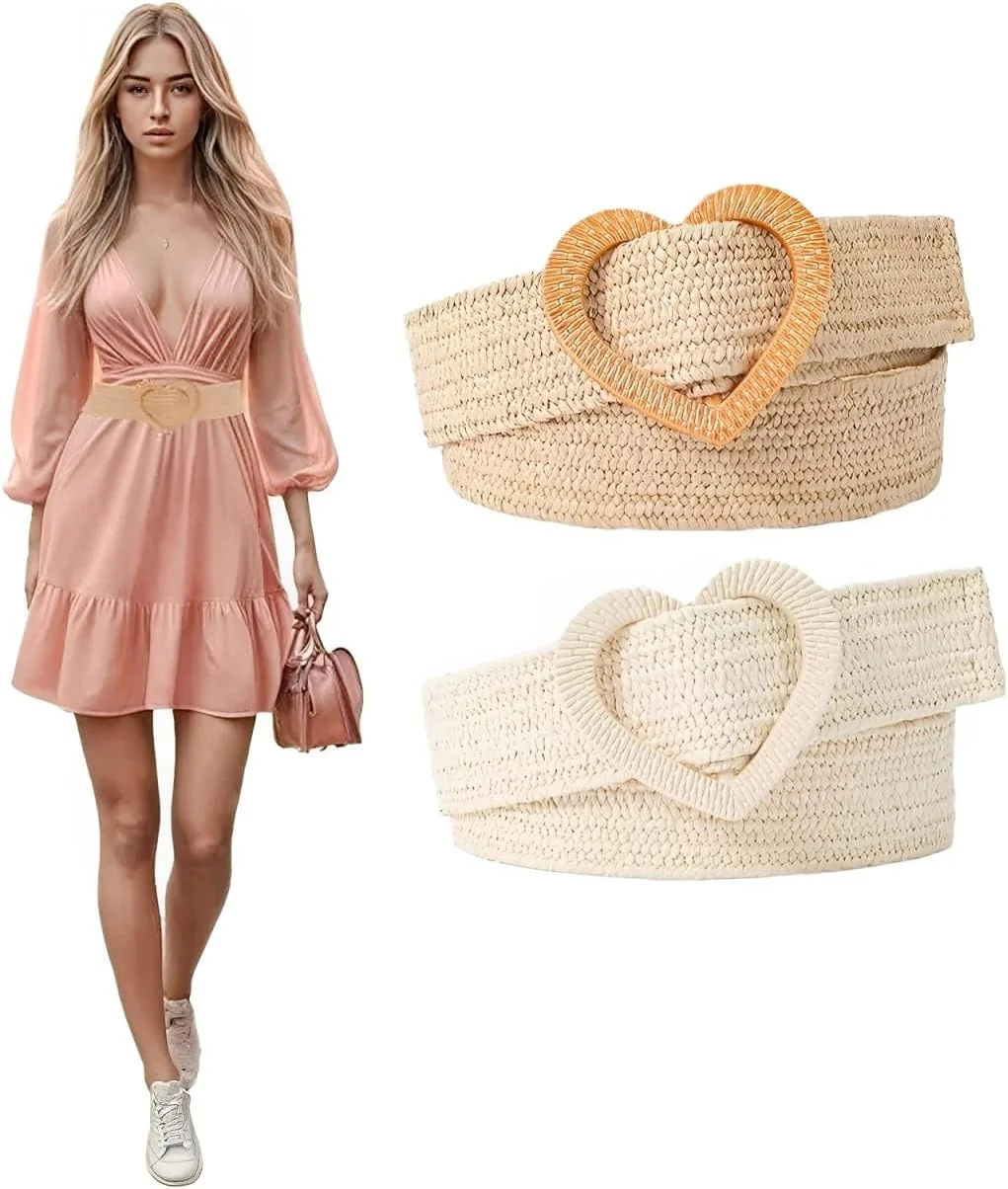 ست 2 عددی کمربند بافتنی زنانه دخترانه - کمربند بومى کشباف الاستیک با سگک قلبی، کمربند کمر کشی بوهو برای لباس، شلوار جین، لباس های تابستانی، سایز M