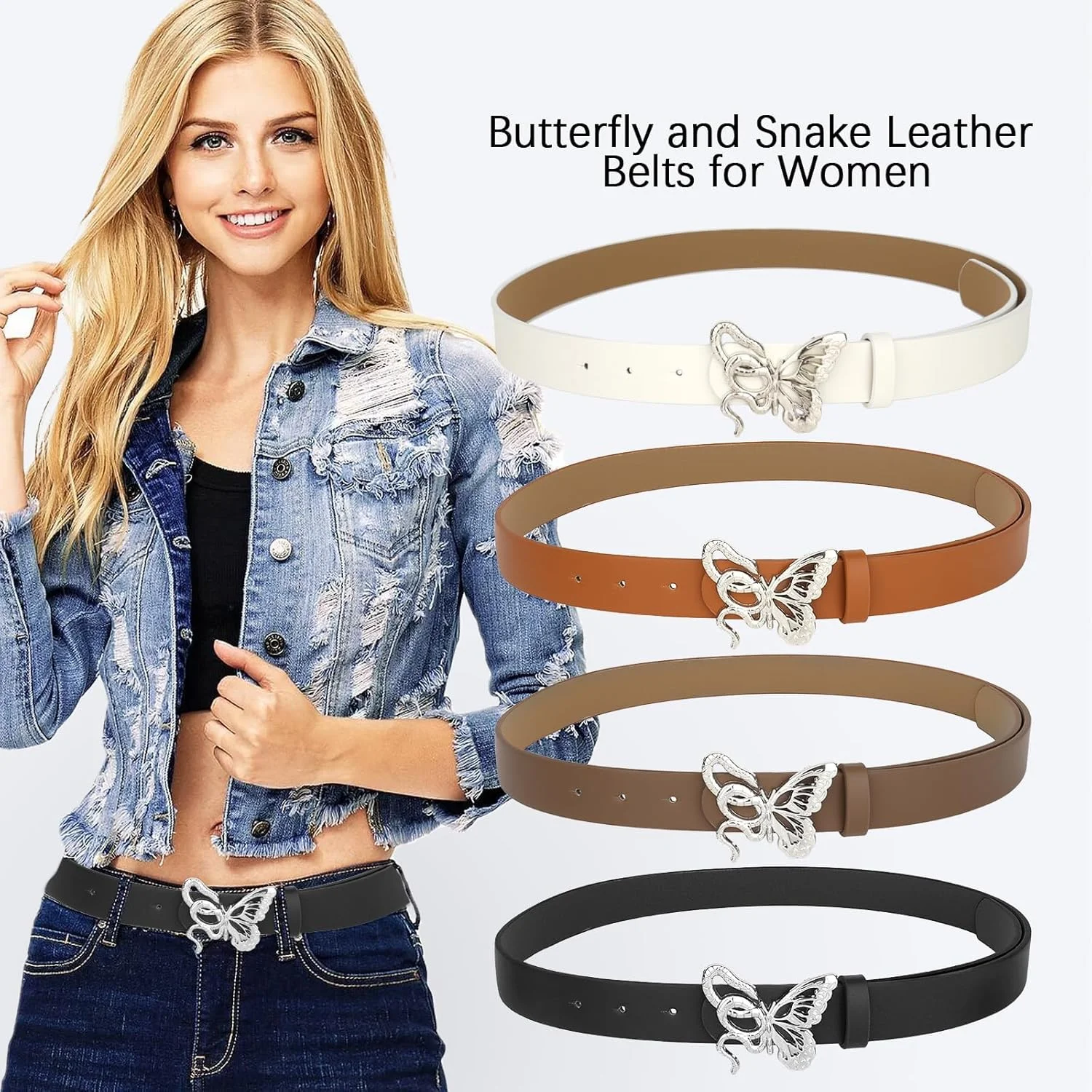 ست کمربند چرمی زنانه برای شلوار جین، کمربند مجلسی زنانه با سگک نقره ای، کمربند چرم مصنوعی زنانه برای شلوار جین، کمربند باریک مجلسی زنانه، بسته 4 عددی