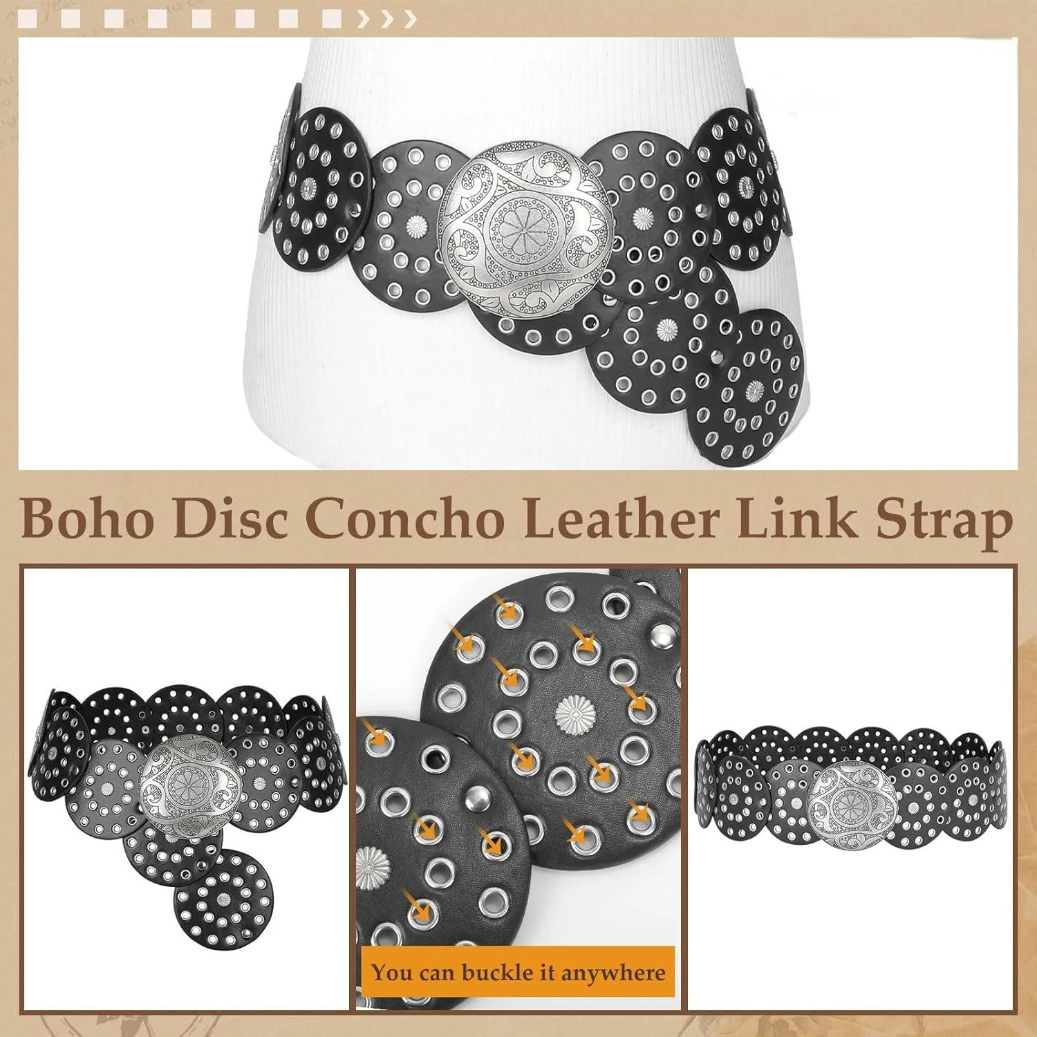 کمربند چرمی زنانه به سبک بوهو و وسترن، با صدف و جزئیات پرچ برای پیراهن و شلوار جین، کمربند فشن وینتیج (سایز دور کمر 104 سانتی متر)