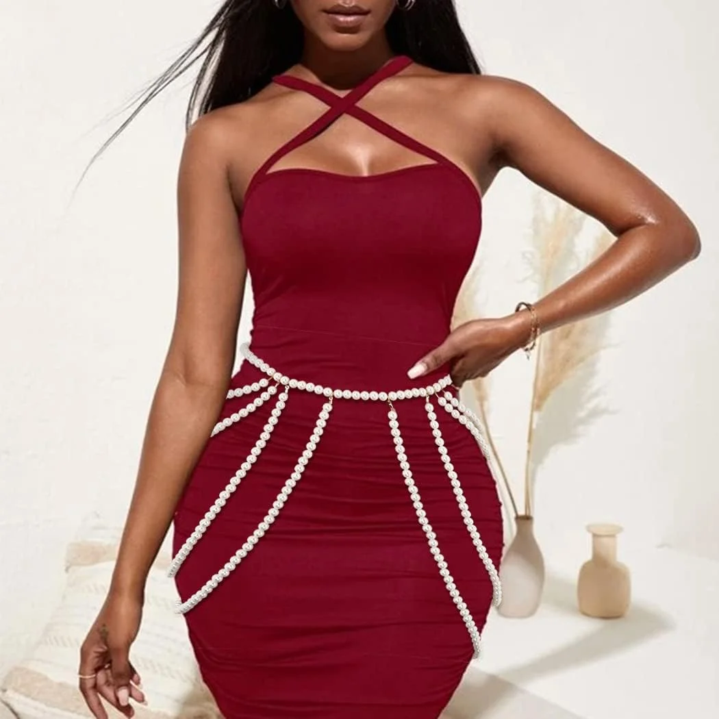 زنجیر کمری مرواریدی لایه ای سفید، زنجیر بدن، مناسب لباس و شکم، جواهرات بدنه قابل تنظیم برای زنان، کمربندهای چند لایه نگین دار، کمری پانک و ضخیم برای لباس های زنانه