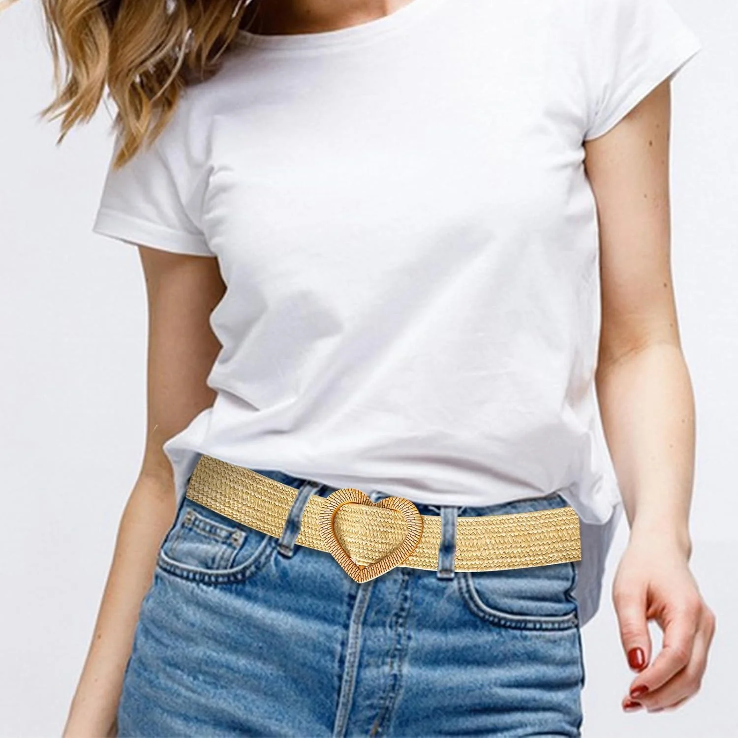 ست 2 عددی کمربند بافتنی زنانه دخترانه - کمربند بومى کشباف الاستیک با سگک قلبی، کمربند کمر کشی بوهو برای لباس، شلوار جین، لباس های تابستانی، سایز M