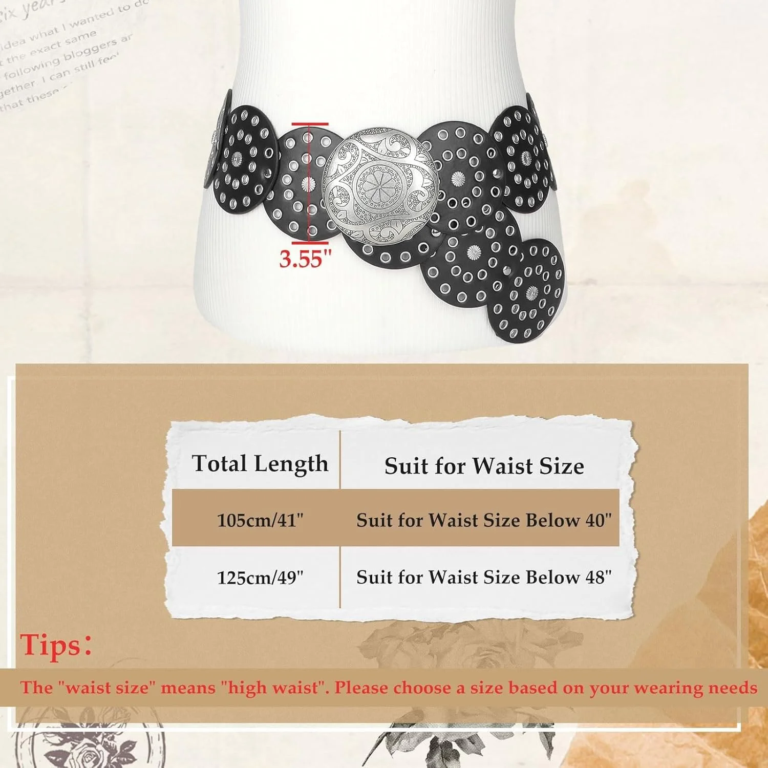 کمربند چرمی زنانه به سبک بوهو و وسترن، با صدف و جزئیات پرچ برای پیراهن و شلوار جین، کمربند فشن وینتیج (سایز دور کمر 104 سانتی متر)