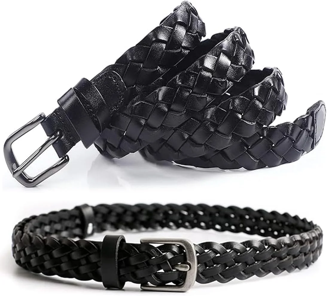 کمربند بافت چرمی زنانه، کمربند باریک کمر، کمربند بافتنی کمر، کمربند چرمی مناسب لباس و شلوار جین، عرض 25 میلی متر، ساخته شده از چرم گاوی درجه یک (مشکی)