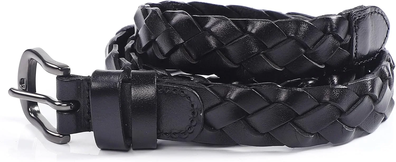 کمربند بافت چرمی زنانه، کمربند باریک کمر، کمربند بافتنی کمر، کمربند چرمی مناسب لباس و شلوار جین، عرض 25 میلی متر، ساخته شده از چرم گاوی درجه یک (مشکی)