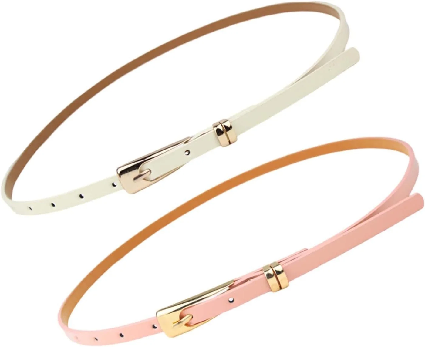 ست دو عددی کمربند باریک زنانه، کمربندهای تزئینی باریک چرمی، کمربندهای باریک قابل تنظیم و تزئینی یکدست برای بانوان، سفید صورتی