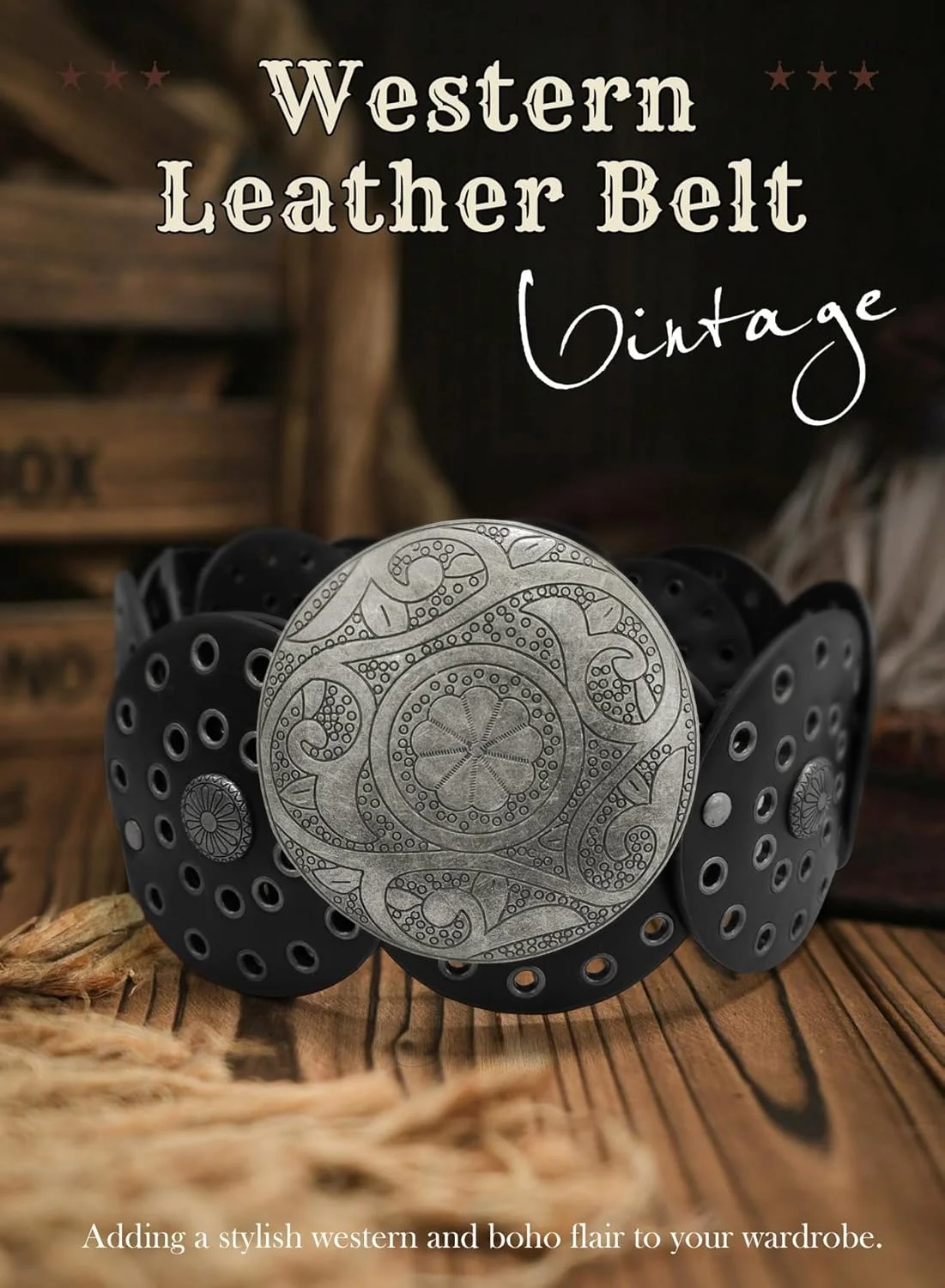 کمربند پهن دیسکی وسترن زنانه 108 سانتی‌متری - کمربند چرمی بوهمی کانچو، اکسسوری‌های کابوی وسترن وینتیج Y2k