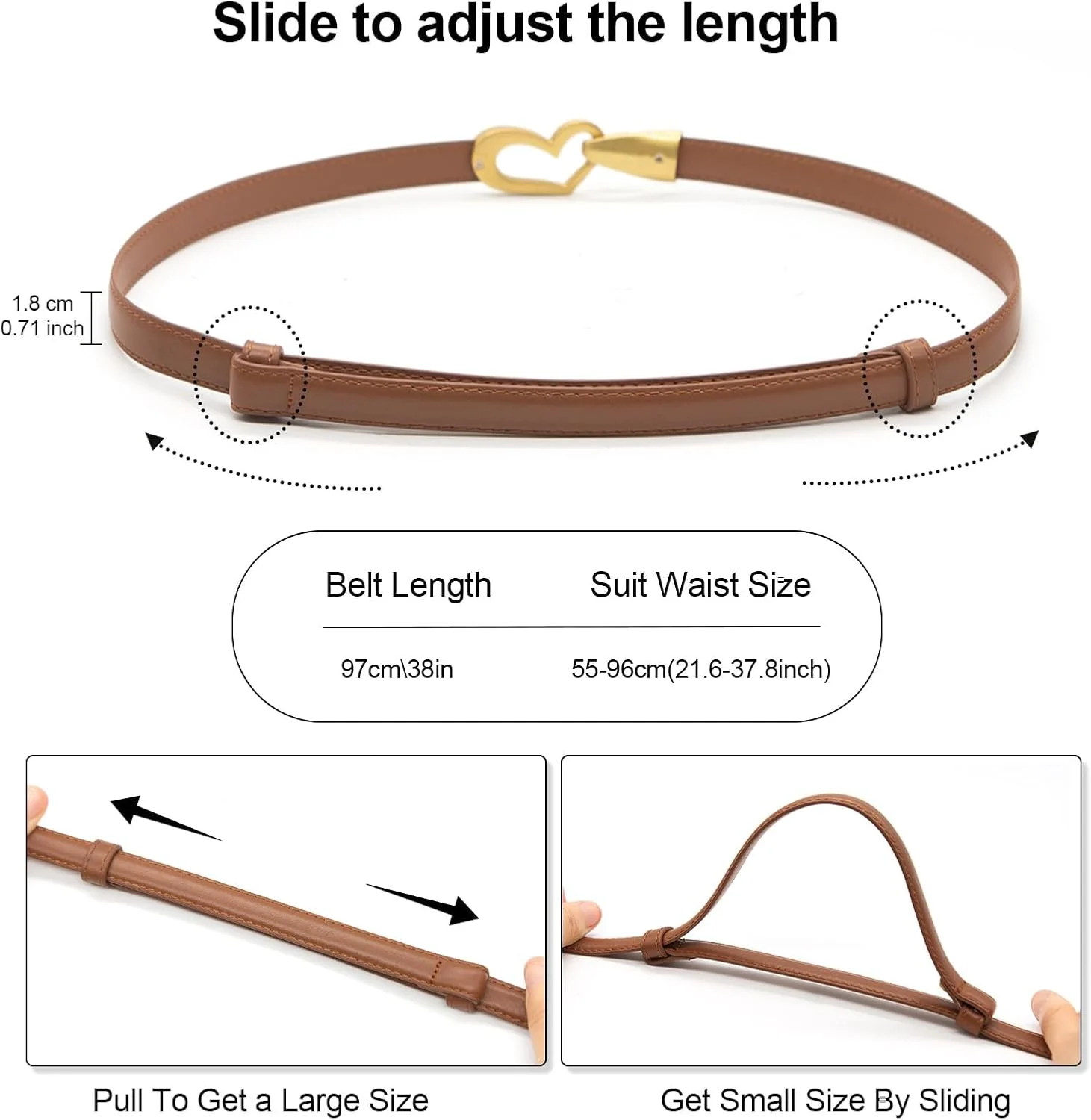 کمربند باریک چرمی زنانه – کمربند باریک قابل تنظیم با سگک قلبی زیبا، کمربند باریک و ظریف برای شلوار جین، شلوار، پیراهن – اکسسوری شیک برای بانوان