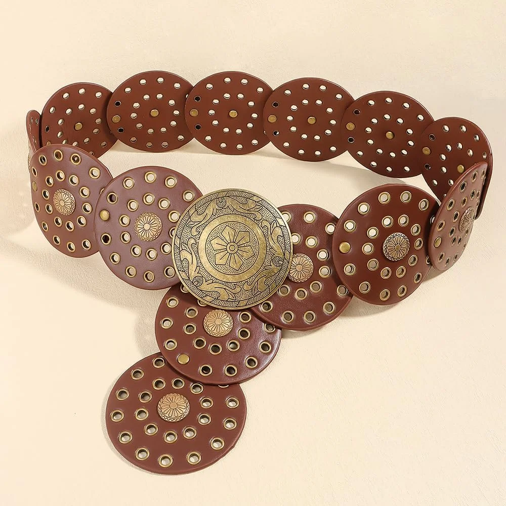 کمربند فشن زنانه طرح وینتیج، کمربند فلزی قابل تنظیم با سگک، سبک کابویی با تزیینات فیروزه ای