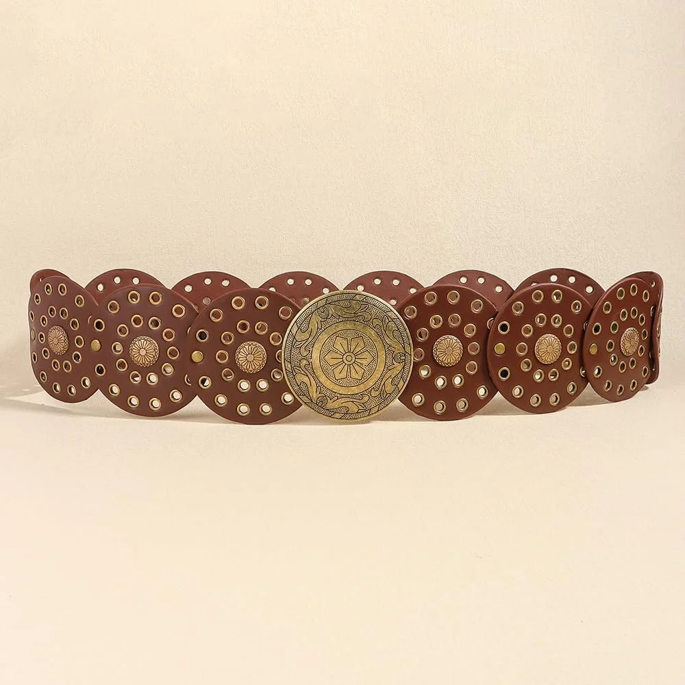 کمربند فشن زنانه طرح وینتیج، کمربند فلزی قابل تنظیم با سگک، سبک کابویی با تزیینات فیروزه ای