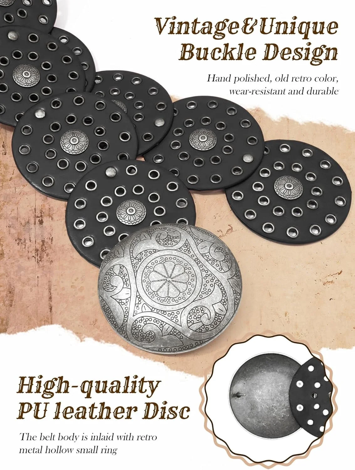 کمربند پهن دیسکی وسترن زنانه 108 سانتی‌متری - کمربند چرمی بوهمی کانچو، اکسسوری‌های کابوی وسترن وینتیج Y2k