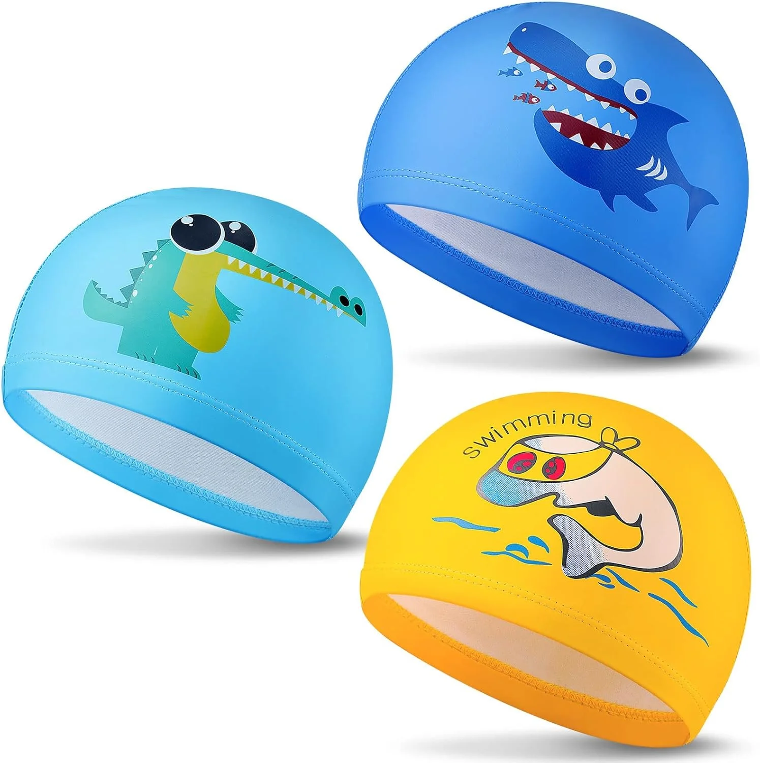 کلاه شنا کودکانه KASTWAVE، کلاه شنا، 3 عدد کلاه شنا کودکانه ضد آب PU، کلاه حمام الاستیک با طرح کارتونی برای کودکان دختر و پسر، سنین 6-12 سال