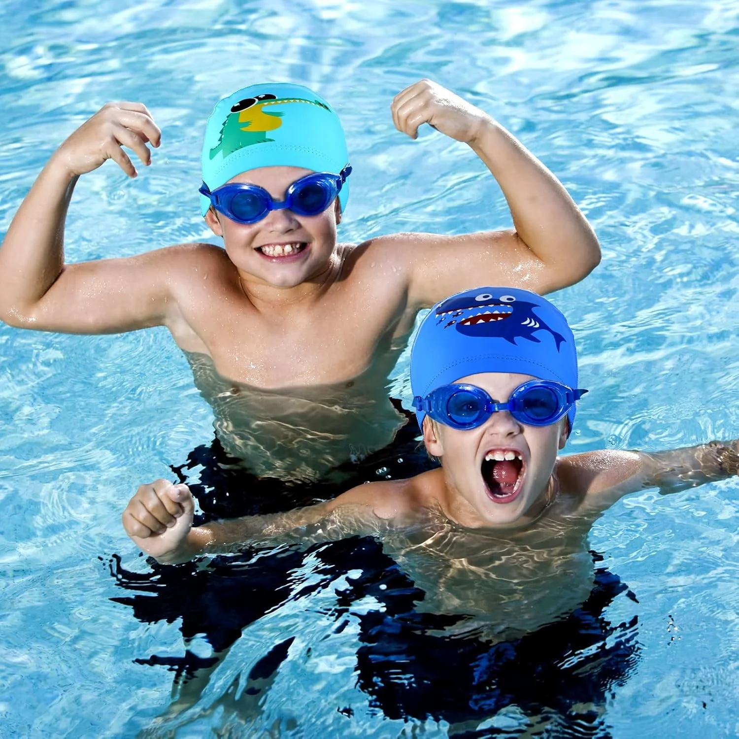 کلاه شنا کودکانه KASTWAVE، کلاه شنا، 3 عدد کلاه شنا کودکانه ضد آب PU، کلاه حمام الاستیک با طرح کارتونی برای کودکان دختر و پسر، سنین 6-12 سال