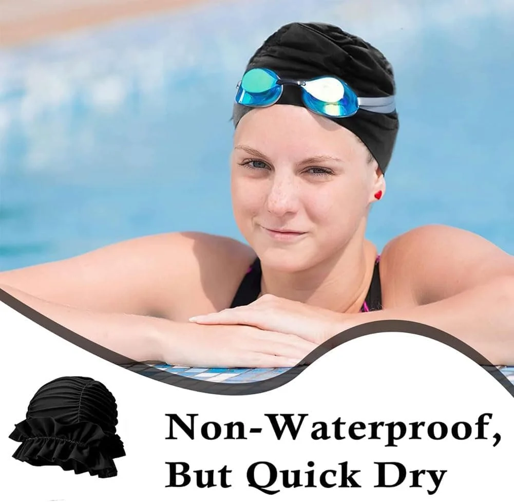 کلاه شنای پلیسه دار زنانه، مناسب برای موهای بلند، کلاه شنا پارچه نایلونی، کلاه شنای الاستیک راحت، کلاه شنایی که مدل مو را بدون تغییر نگه می دارد، کلاه شنایی که مدل مو را بدون تغییر نگه می دارد