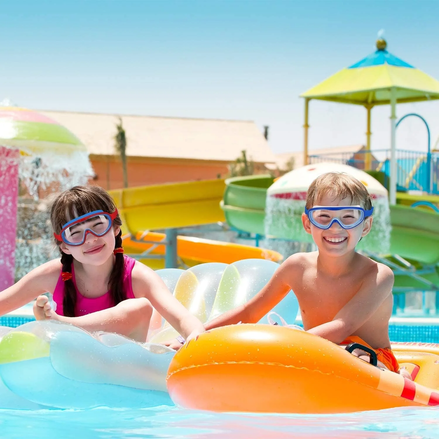 عینک شنا کودکان KASTWAVE، 2 عدد عینک شنا برای کودکان 3-15 سال، عینک شنا با پوشش بینی، بدون نشت، ضد بخار، ضد آب (قرمز + آبی)