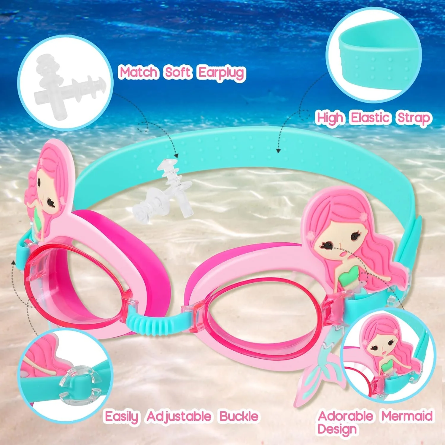 عینک شنا ضد بخار KASTWAVE برای کودکان 3 تا 14 سال، عینک شنا با طرح دم پری دریایی زیبا، با لنزهای ضد بخار، ضد آب، محافظت از چشم، محافظت در برابر اشعه ماوراء بنفش، گوش گیر، گیره بینی، جعبه عینک