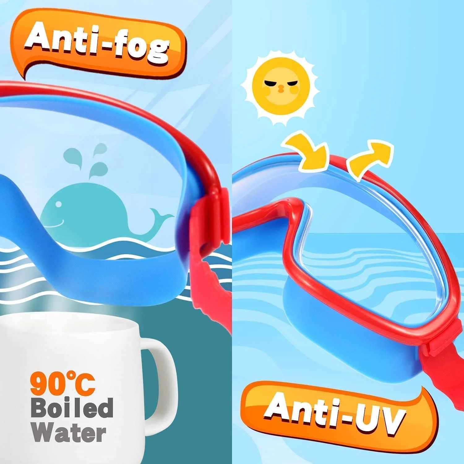 عینک شنا کودکان KASTWAVE، 2 عدد عینک شنا برای کودکان 3-15 سال، عینک شنا با پوشش بینی، بدون نشت، ضد بخار، ضد آب (قرمز + آبی)