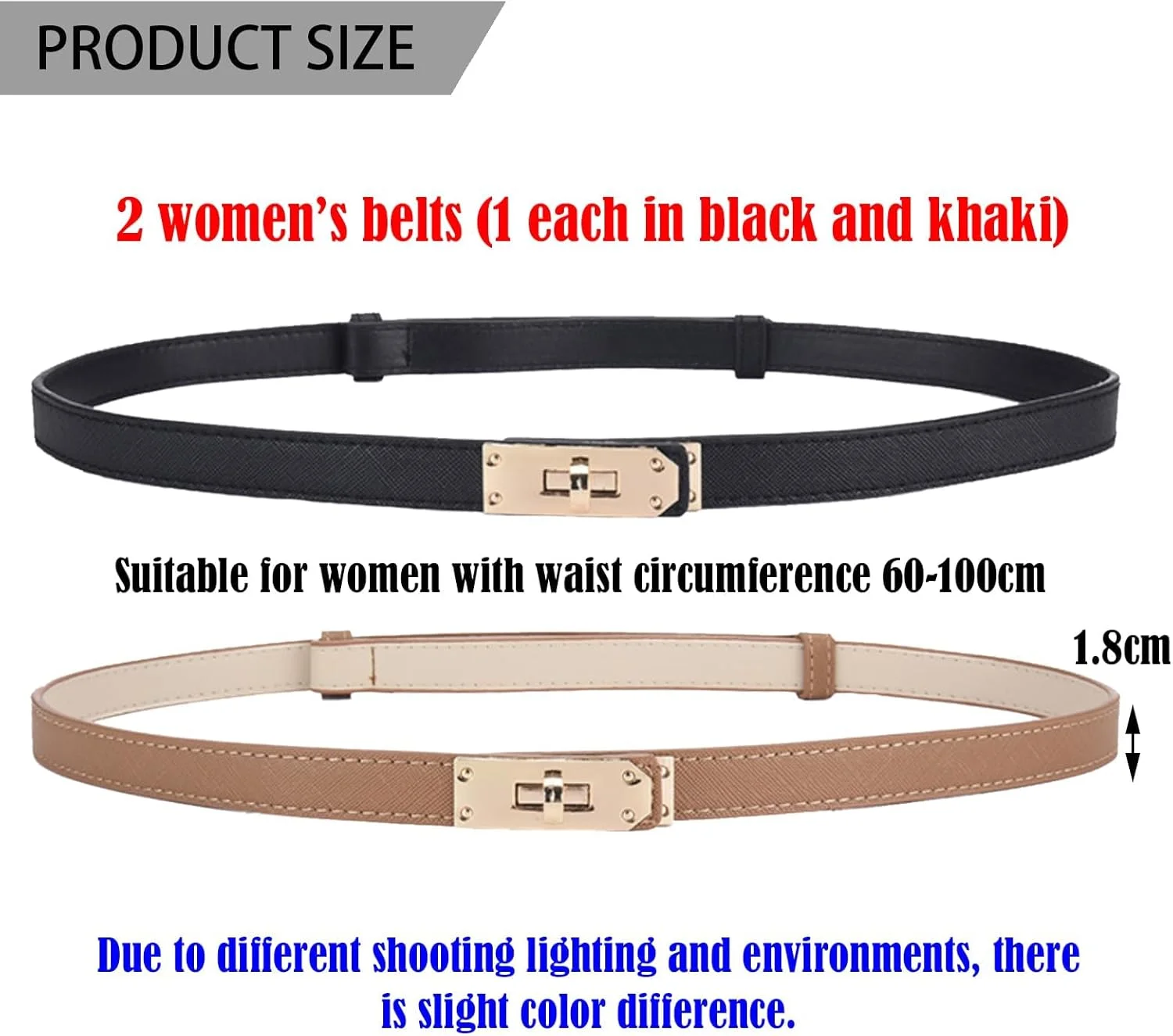 ست 2 عددی کمربند چرمی زنانه، کمربند چرمی قابل تنظیم با قفل چرخشی رنگ ثابت، کمربند باریک کمر، کمربند برای شلوار جین، شلوار، پیراهن و کت