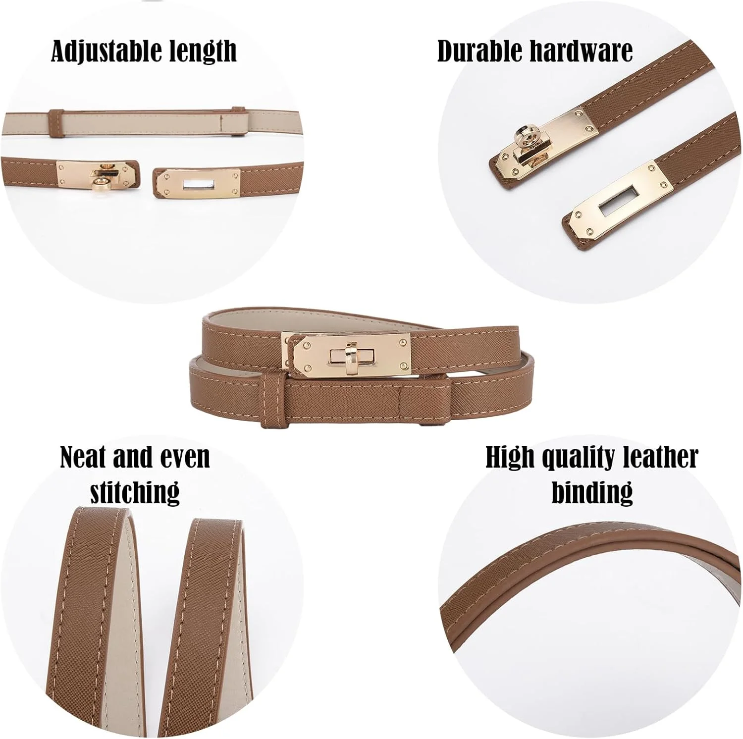 ست 2 عددی کمربند چرمی زنانه، کمربند چرمی قابل تنظیم با قفل چرخشی رنگ ثابت، کمربند باریک کمر، کمربند برای شلوار جین، شلوار، پیراهن و کت