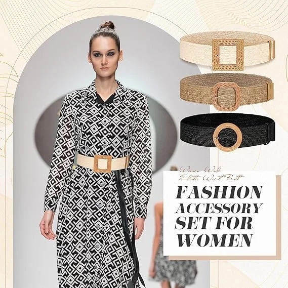 ست 3 عددی کمربند کشی بافته شده از جنس حصیری یلاژوی - کمربندهای بافت بوهمی برای لباس های زنانه، لباس های غیر رسمی و لباس های تابستانی - کشش قابل تنظیم، سایز آزاد
