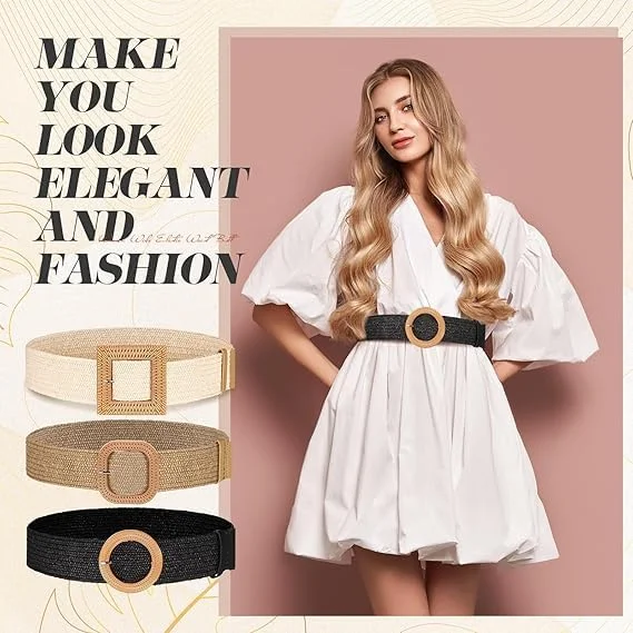 ست 3 عددی کمربند کشی بافته شده از جنس حصیری یلاژوی - کمربندهای بافت بوهمی برای لباس های زنانه، لباس های غیر رسمی و لباس های تابستانی - کشش قابل تنظیم، سایز آزاد