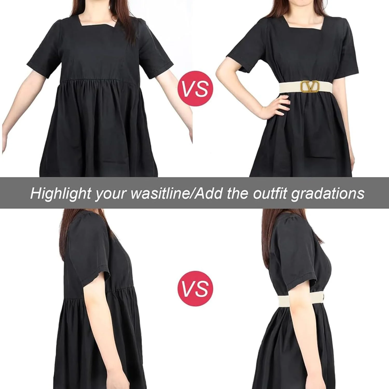 ست کمربند زنانه سگک V، مشکی و سفید، کمربندهای چرم مصنوعی، طول 110 سانتی متر، سگک آلیاژ طلایی، کمربند مد روز برای لباس و شلوار جین