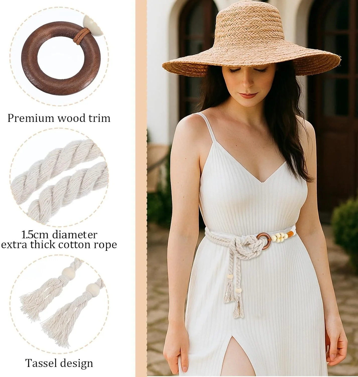 کمربند زنانه، 1 عدد کمربند بافتنی منگوله دار زنانه، کمربندهای چرمی بافته شده باریک برای لباس، دامن، تونیک - کمربند کمر غیر رسمی قابل تنظیم، اکسسوری ساحلی تابستانی، هدیه شیک برای او