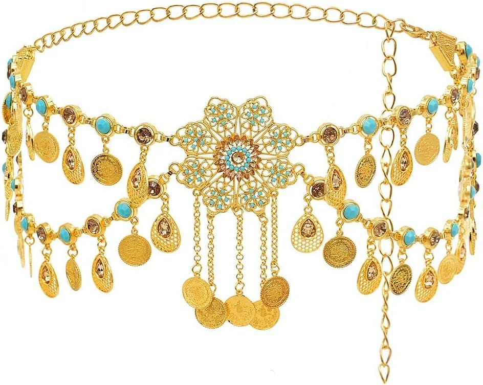 کمربند زنجیری سکه ای آویزدار طرح قدیمی، کمربند اتصال دهنده بدنه قابل تنظیم، کمربند جواهرات فانتزی شکم، مناسب برای شلوار جین، شلوار و پیراهن