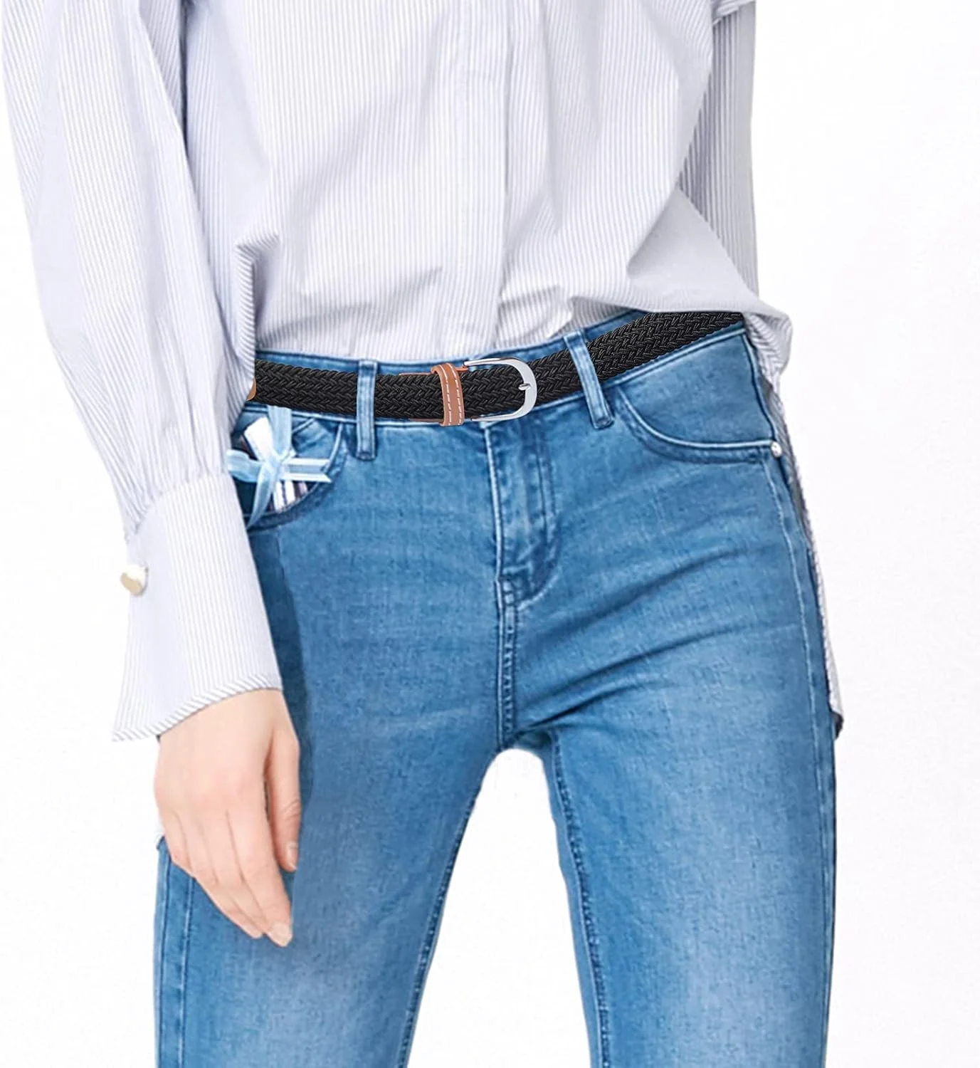 کمربند زنانه - 2 عدد کمربند کشی زنانه، کمربند برای شلوار جین و شلوار پارچه ای، کمربند باریک برزنتی، سایز آزاد و عرض 2.5 سانتی متر
