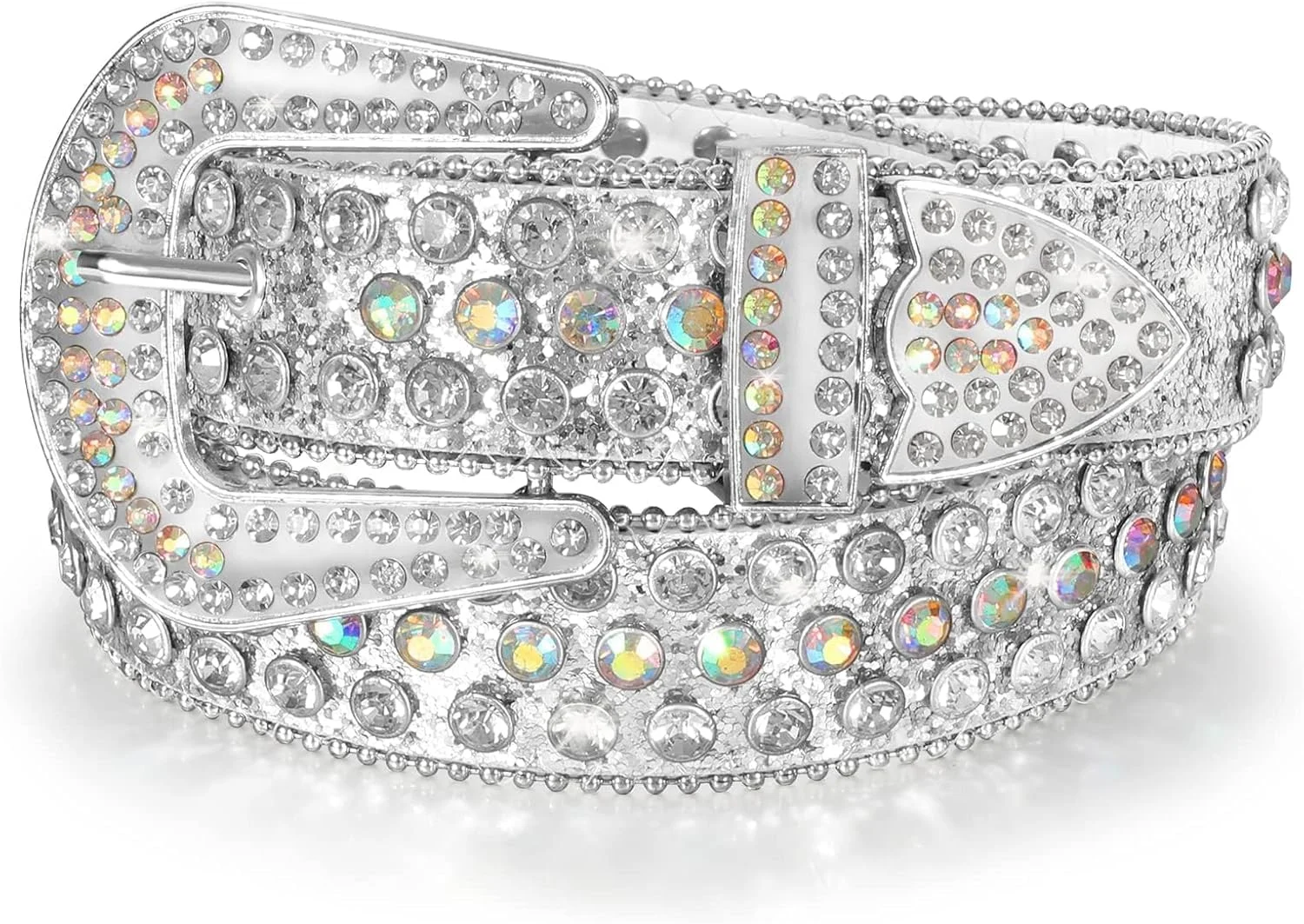 کمربند چرمی نگین دار برای مردان و زنان، آزونی پهنای 1.5 اینچ با سگک نقره ای شیک، کمربند چرمی PU بادوام برای شلوار جین و شلوار، اکسسوری شیک آزونی (سایز دور کمر 41 اینچ)