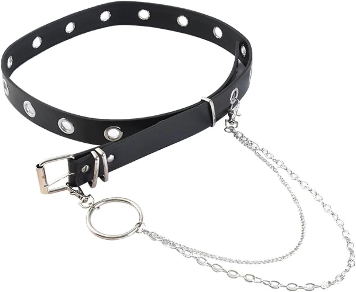 کمربند زنجیری نقره ای Rayyan زنانه، کمربند چرمی سوراخ دار دوبل با زنجیر جداشدنی، کمربند پانک هیپ هاپ گوتیک با زنجیر برای شلوار جین، شلوار، کمربند کمر با زنجیر برای بانوان