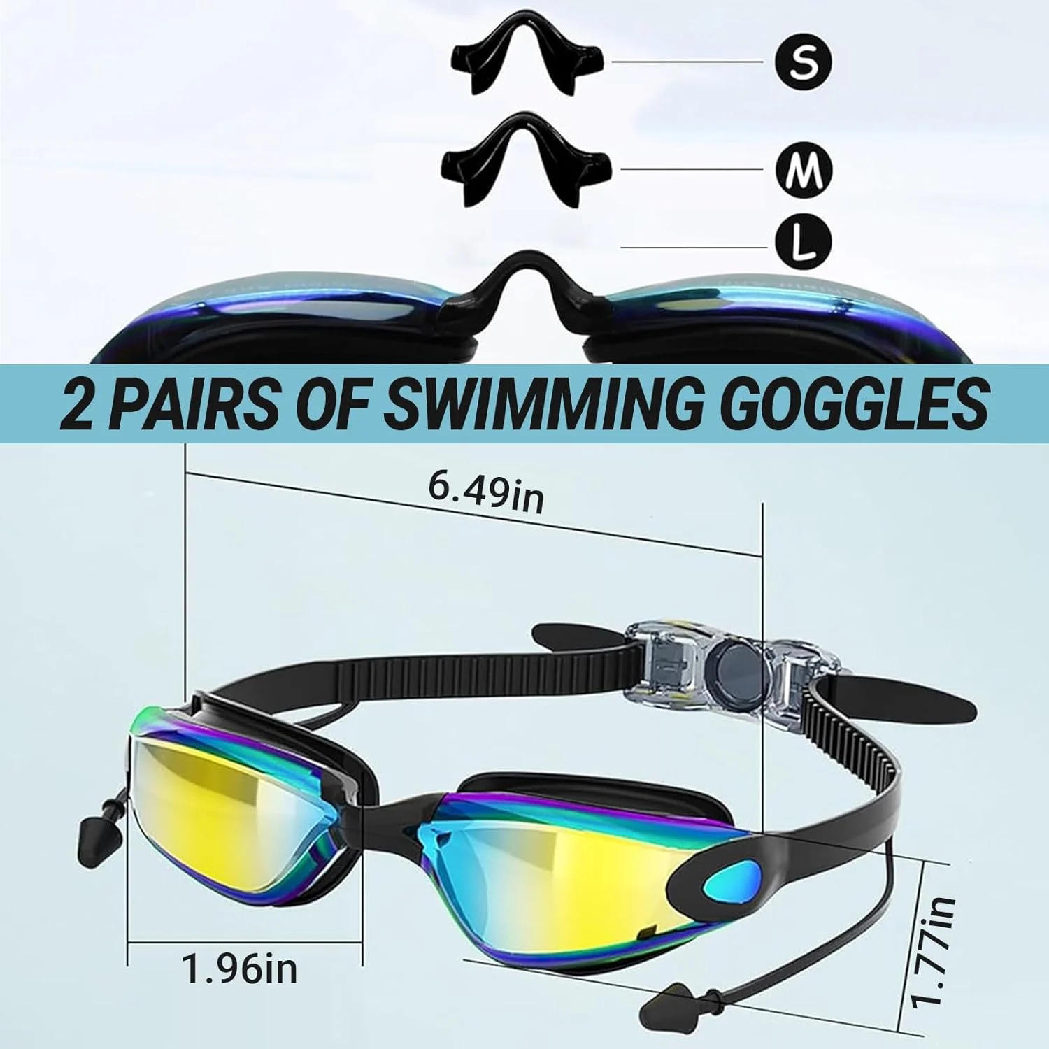 عینک شنا، بسته 2 عددی عینک شنای حرفه ای ضد بخار با گیره بینی و گوش گیر و 3 سایز پل بینی، بدون نشتی و محافظت در برابر اشعه ماوراء بنفش، دید واضح و عینک شنا با دید گسترده برای بزرگسالان