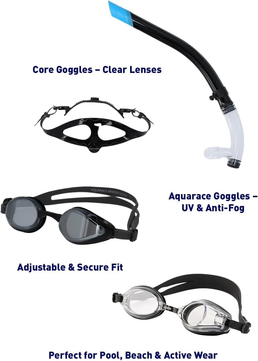 ست شنا و ورزشی 3 تکه جاس - لوله BQ، عینک شنای بزرگسالان Core و عینک شنای بزرگسالان Aquarace - لنزهای شفاف و محافظت شده در برابر اشعه ماوراء بنفش، ضد مه، تناسب قابل تنظیم برای استخر، ساحل و لباس های فعال