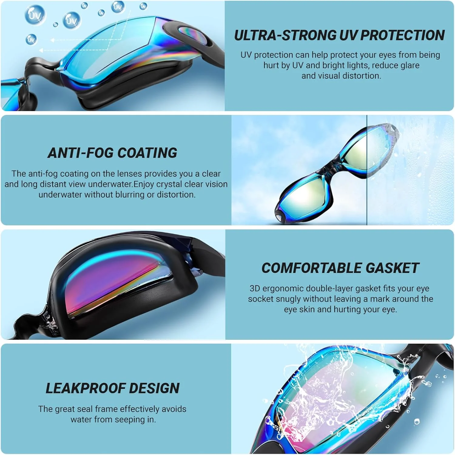 عینک شنا، بسته 2 عددی عینک شنای حرفه ای ضد بخار با گیره بینی و گوش گیر و 3 سایز پل بینی، بدون نشتی و محافظت در برابر اشعه ماوراء بنفش، دید واضح و عینک شنا با دید گسترده برای بزرگسالان