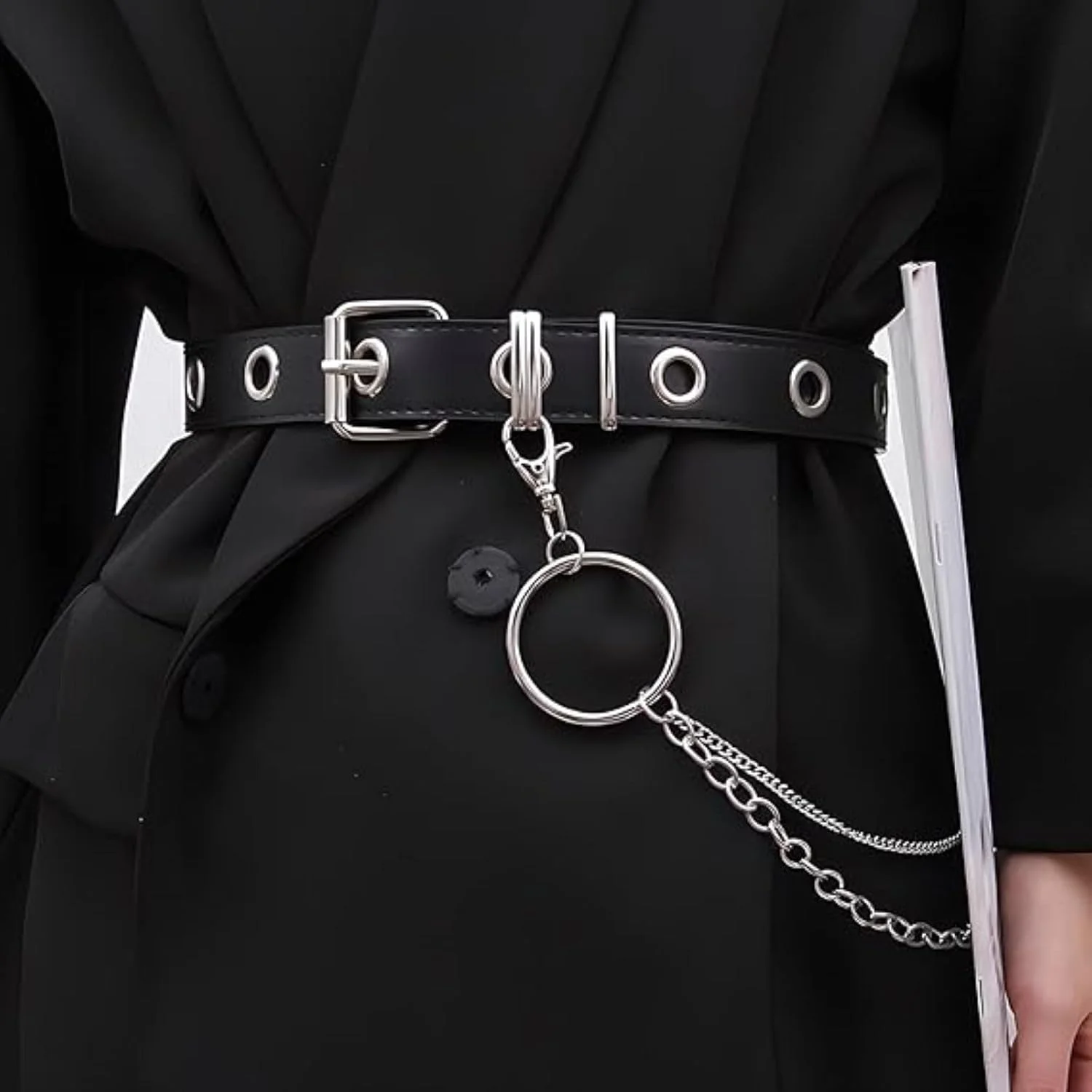 کمربند زنجیری نقره ای Rayyan زنانه، کمربند چرمی سوراخ دار دوبل با زنجیر جداشدنی، کمربند پانک هیپ هاپ گوتیک با زنجیر برای شلوار جین، شلوار، کمربند کمر با زنجیر برای بانوان