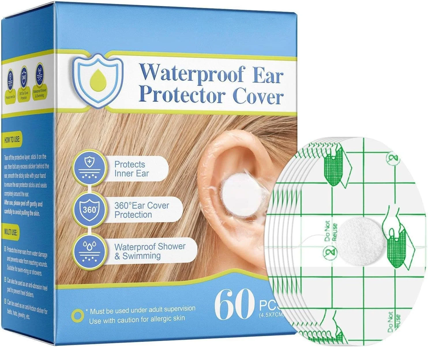 روکش گوش ضد آب 60 عددی - برچسب های چسبی شفاف برای شنا، دوش گرفتن و ورزش های آبی، محافظ تنفسی برای کودکان و بزرگسالان روکش گوش ضد آب 60 عددی - برچسب های چسبی شفاف برای شنا، دوش گرفتن و ورزش های آبی، محافظ تنفسی برای کودکان و بزرگسالان