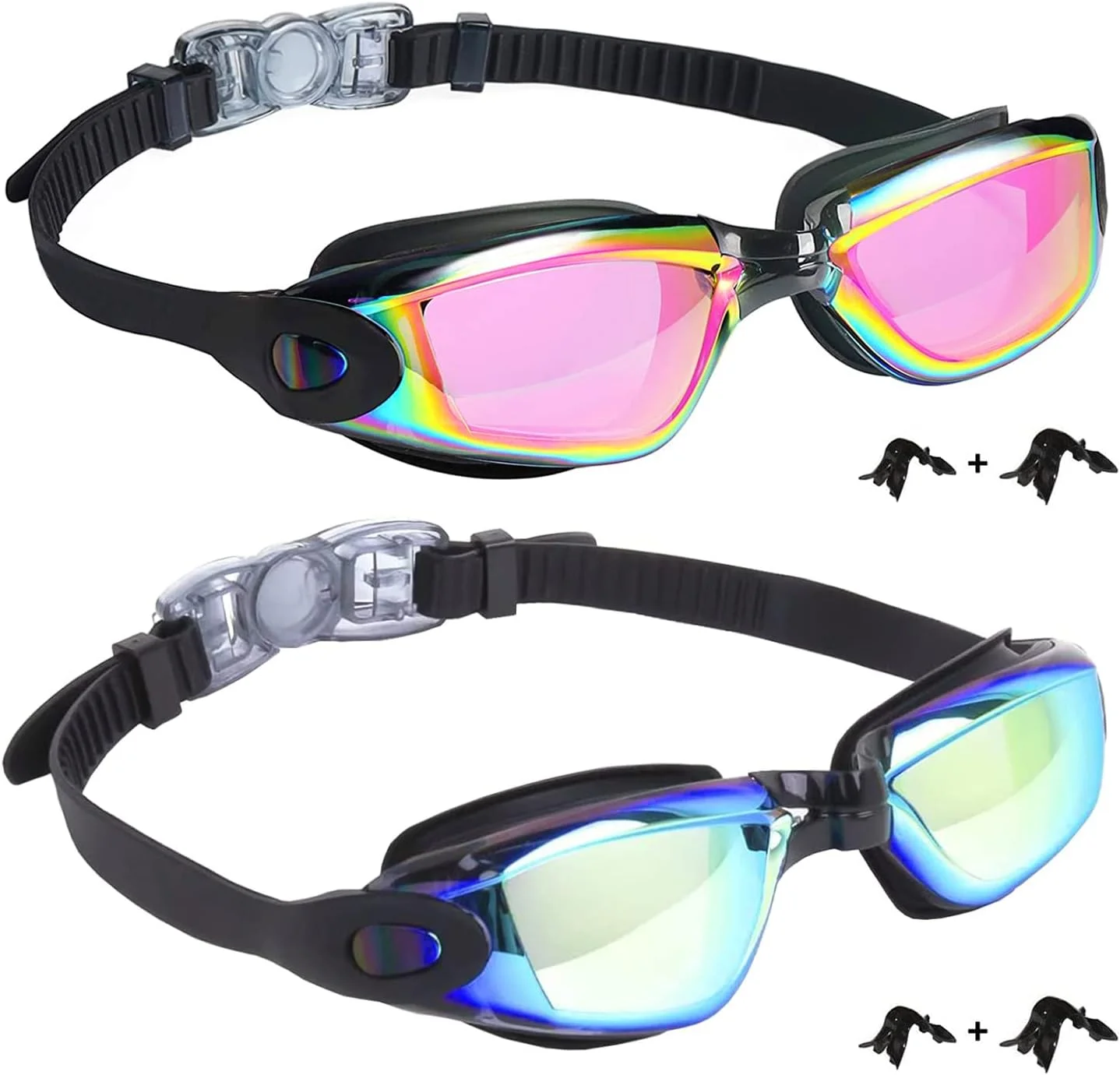 عینک شنای کودک، بسته 2 عددی، ضد بخار و ضد نشت، عینک شنای دید شفاف ضد اشعه ماوراء بنفش برای کودکان 6 تا 14 سال (آبی و صورتی روشن)