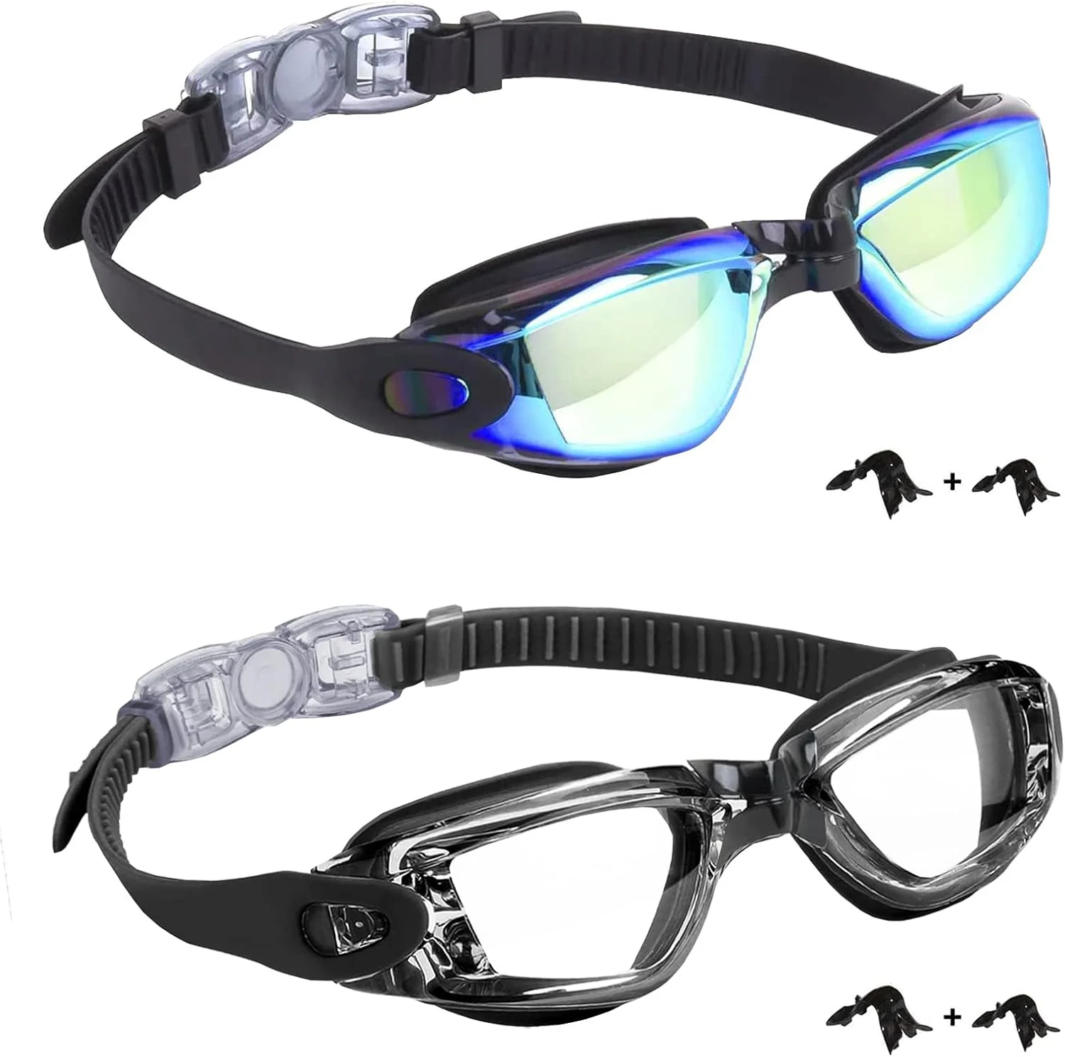 عینک شنای کودک، بسته 2 عددی، ضد بخار و ضد نشت، عینک شنای دید واضح ضد اشعه ماوراء بنفش برای کودکان 6 تا 14 سال (آبی و مشکی شفاف)