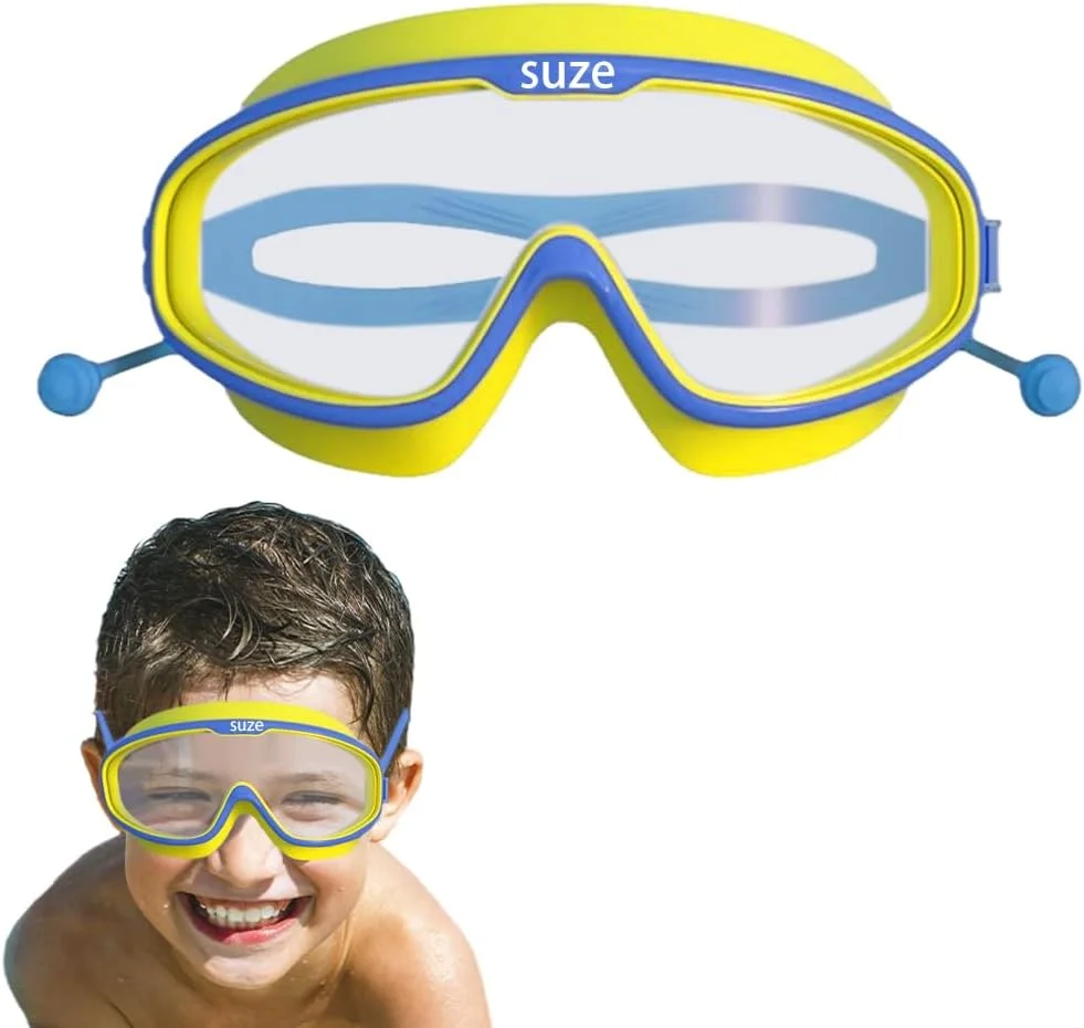 عینک شنا کودکان هستیپ، عینک شنا دید گسترده کودکان (3-14 سال)، ضد بخار، ضد آب، لنزهای محافظ UV، با گوش گیر و فریم سیلیکونی نرم، عینک شنا دید واضح 180 درجه (زرد)