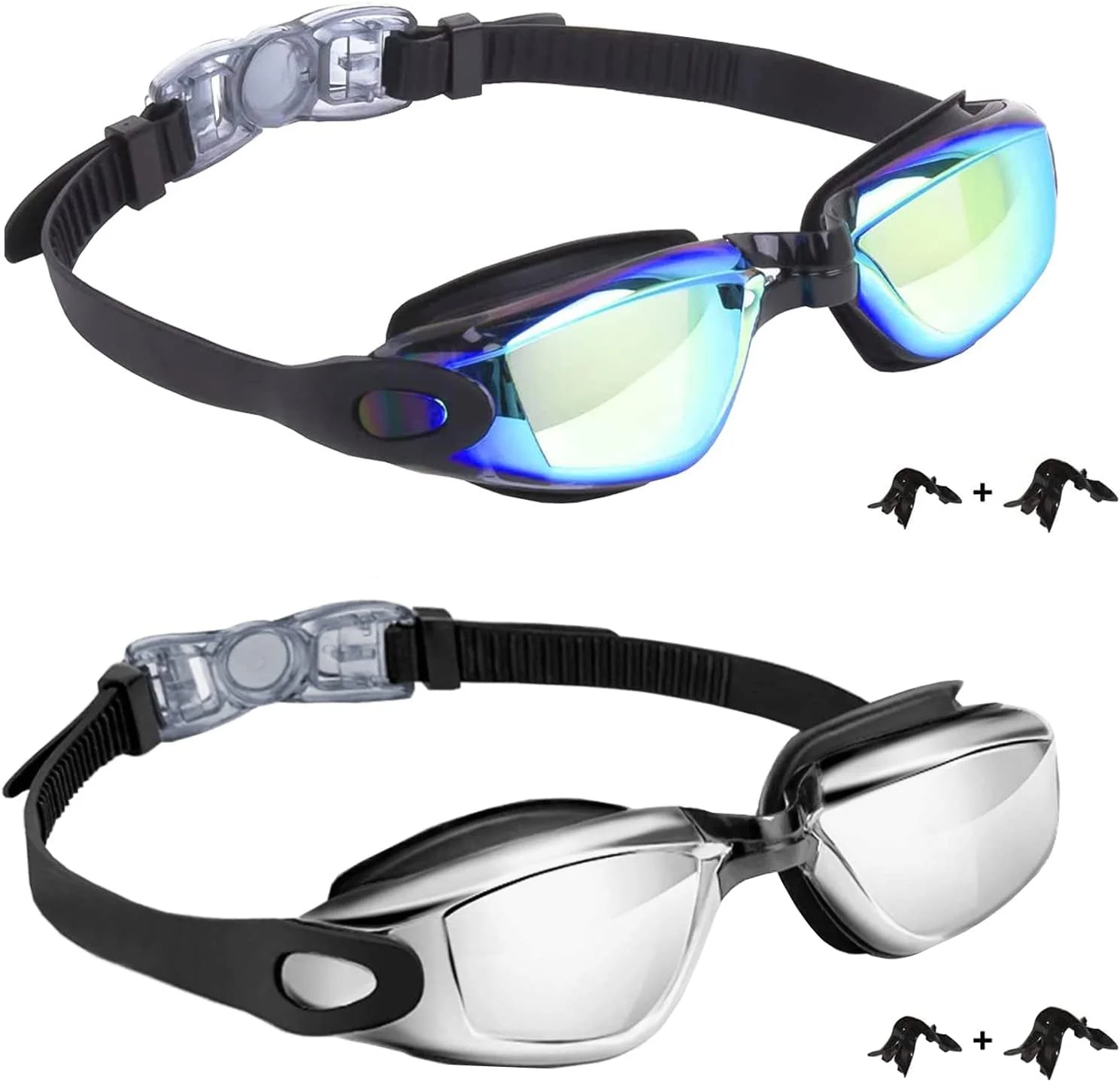 عینک شنای کودکانه، بسته 2 عددی، ضد بخار و ضد نشت، عینک شنا با دید واضح و ضد اشعه ماوراء بنفش برای کودکان 6 تا 14 سال (آبی و مشکی نقره ای)