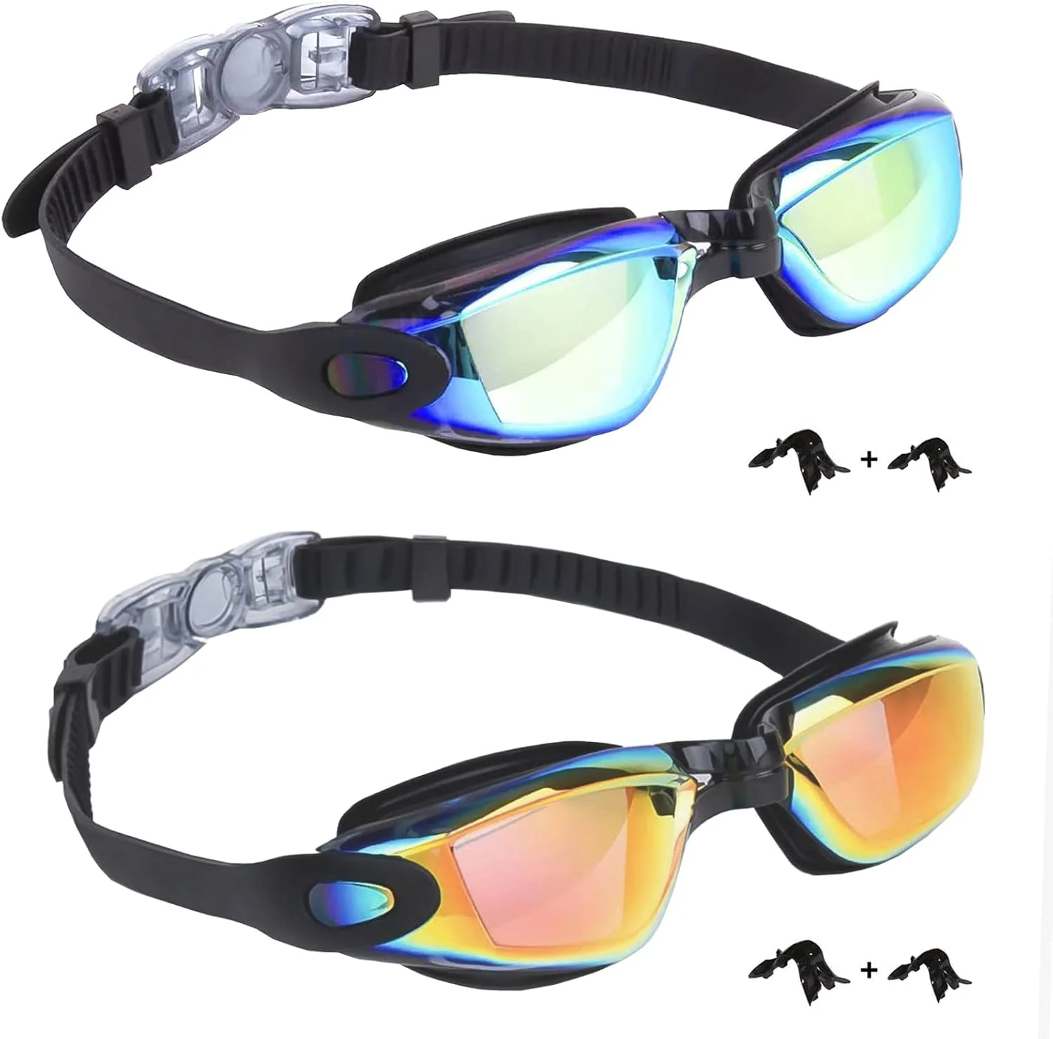 عینک شنای کودکانه، بسته 2 عددی، ضد بخار و ضد نشت، عینک شنای دید شفاف ضد اشعه ماوراء بنفش برای کودکان 6 تا 14 سال (آبی و نارنجی)