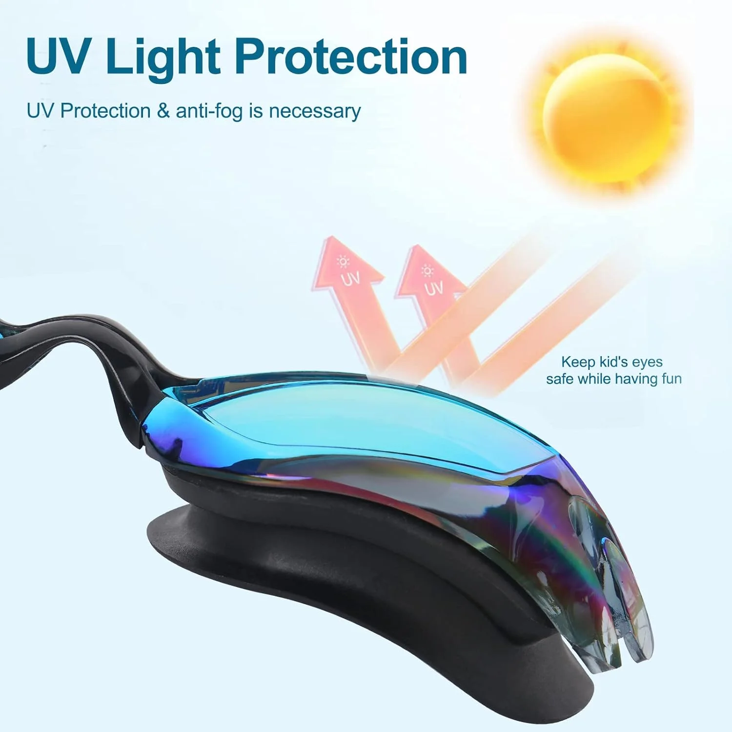 عینک شنای کودکانه، بسته 2 عددی، ضد بخار و ضد نشت، عینک شنا با دید واضح و ضد اشعه ماوراء بنفش برای کودکان 6 تا 14 سال (آبی و مشکی نقره ای)